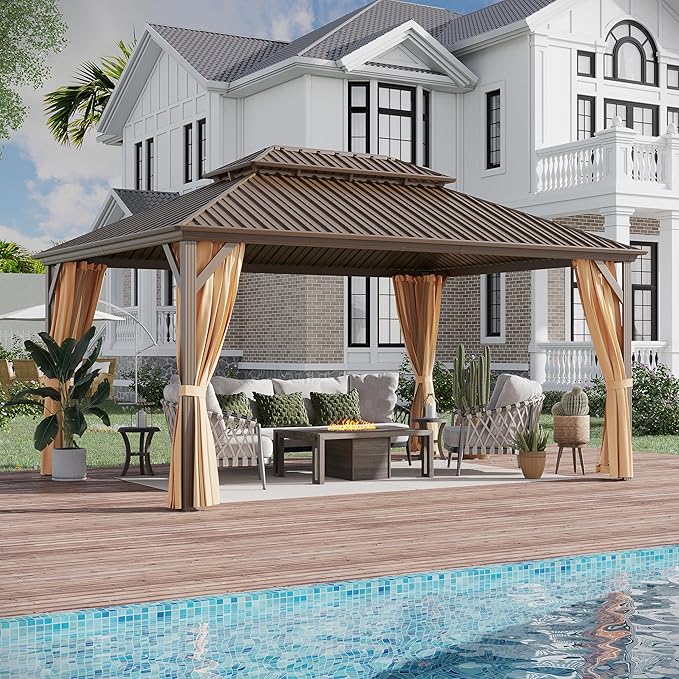 12'x16' Hardtop Gazebo Outdoor Aluminum Gazebo Double Roof Galvanized Steel Canopy with Netting and Curtains,for Garden, Backyard,Deck and Lawns