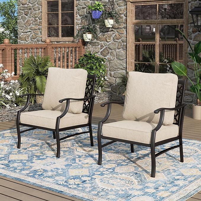 Patio Chairs Set of 2, High Back Outdoor Patio Metal Leg Chairs with 5.75" Thick Cushions for Bistro Balcony Porch Deck and Yard, Beige