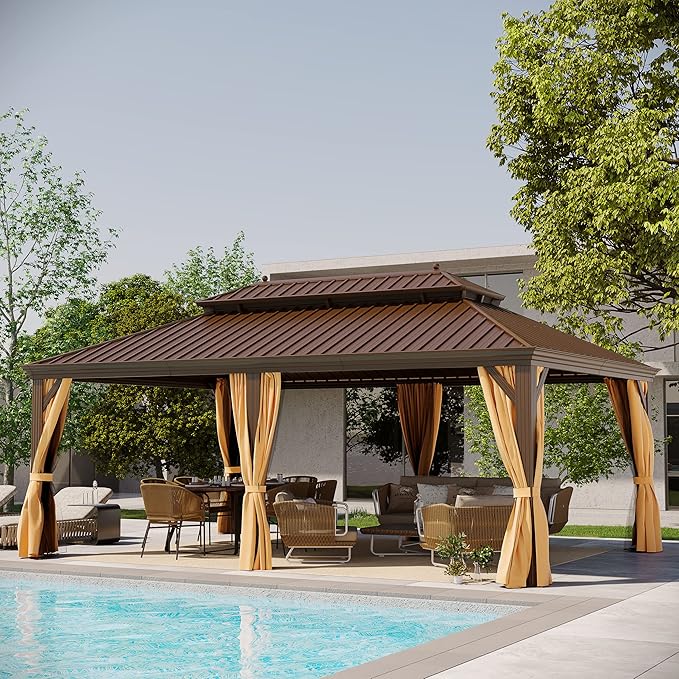 14' X 20' Hardtop Gazebo, Outdoor Galvanized Steel Double Roof Permanent Aluminum Frame Pavilion Pergola Canopy with Privacy Curtains for Garden, Patio, Backyard, Deck and Lawns.