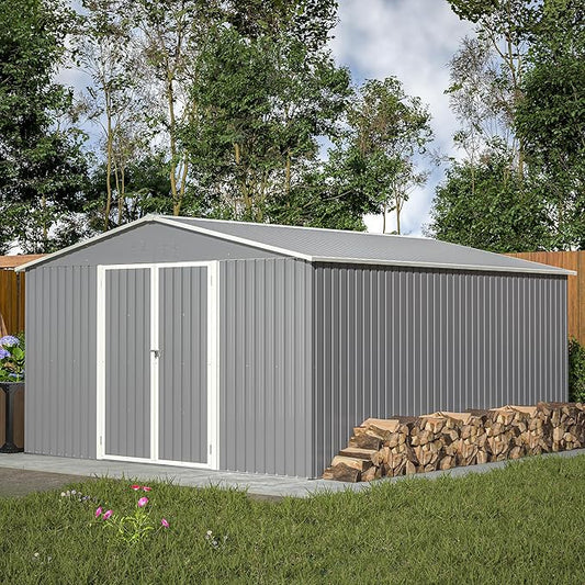 Metal Storage Shed 11x13 FT Outdoor, Metal Steel Utility Tool Shed Storage House with Double Lockable Doors & Air Vent for Backyard Garden Patio Lawn Gray