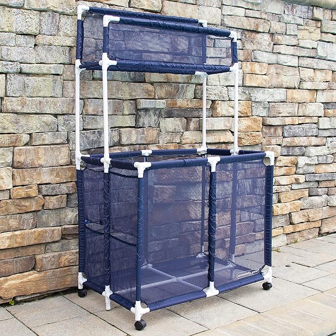 Essentially Yours Pool Storage Equipment Organizer Holder - Noodles, Toys, Balls, Floats Mesh Rolling Double Decker Bin, Large with Noodle Holder, (35.3" W x 23" L x 59.4" H), Blue/White Style 561935