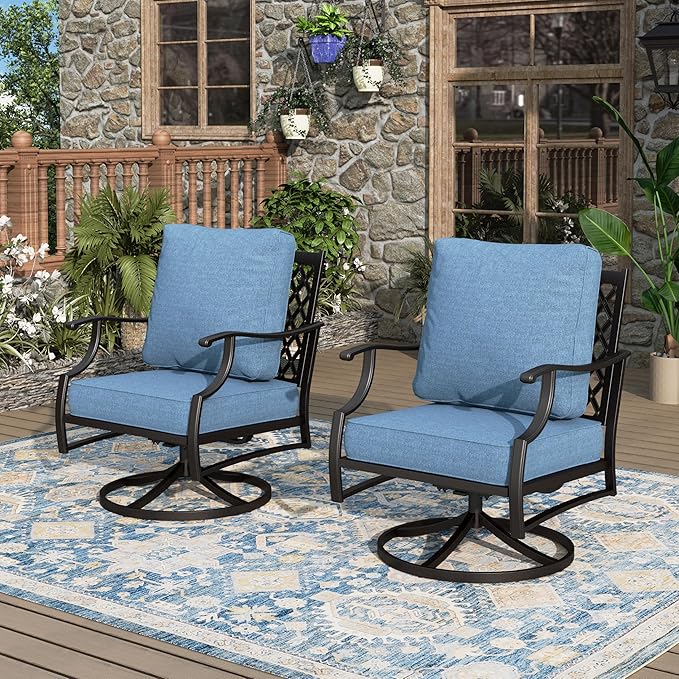 Swivel Patio Chairs Set of 2, High Back Outdoor Swivel Patio Metal Chairs with 5.75" Thick Cushions for Bistro Balcony Porch Deck and Yard, Navy Blue