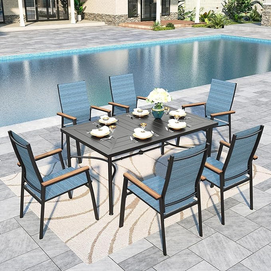 Sophia & William Outdoor Dining Set 7 Pieces, 6 x Aluminum Patio Dining Chairs and Large 64" Metal Dining Table, Space-Saving and Lightweight for Patio Lawn Garden (Blue)