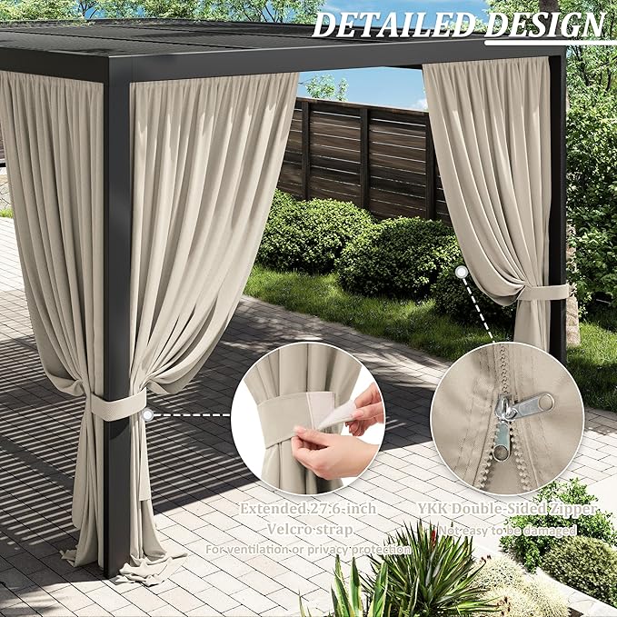 Gazebo Universal Replacement Privacy Curtain,12'×16' Gazebo Outdoor Waterproof Curtains, 4-Panels Sidewall Curtains with Double Zipper for Patio Canopy, Garden and Backyard (Curtain Only)