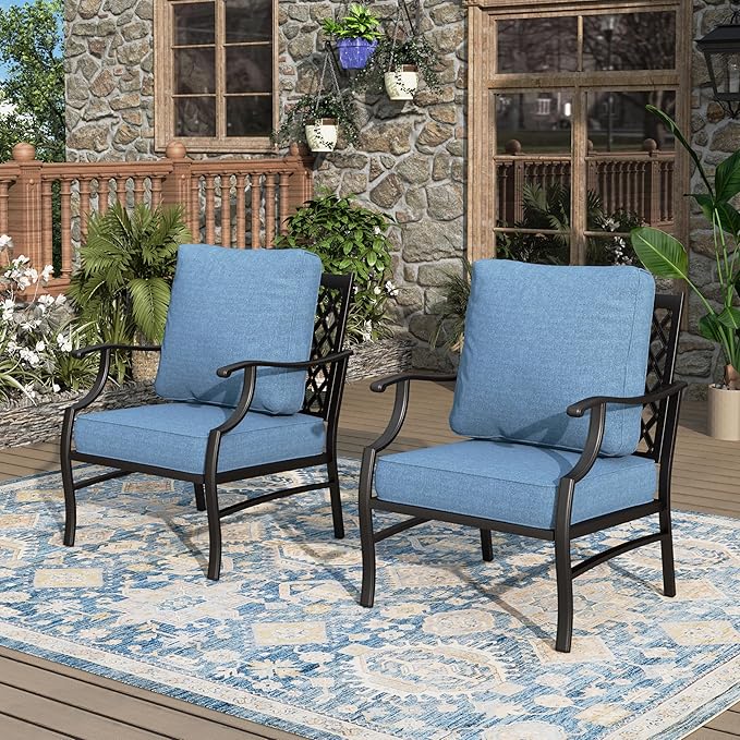 Patio Chairs Set of 2, High Back Outdoor Patio Metal Leg Chairs with 5.75" Thick Cushions for Bistro Balcony Porch Deck and Yard, Navy Blue