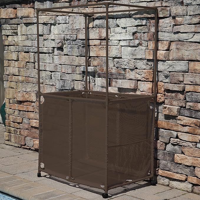 Essentially Yours Pool Equipment Holder with Towel Drying Bars, Mesh Rolling Pool Storage Organizer Bin, Extra Large with Towel Hanger, (34.5" W x 25" L x 62.6" H), Brown Style 418566