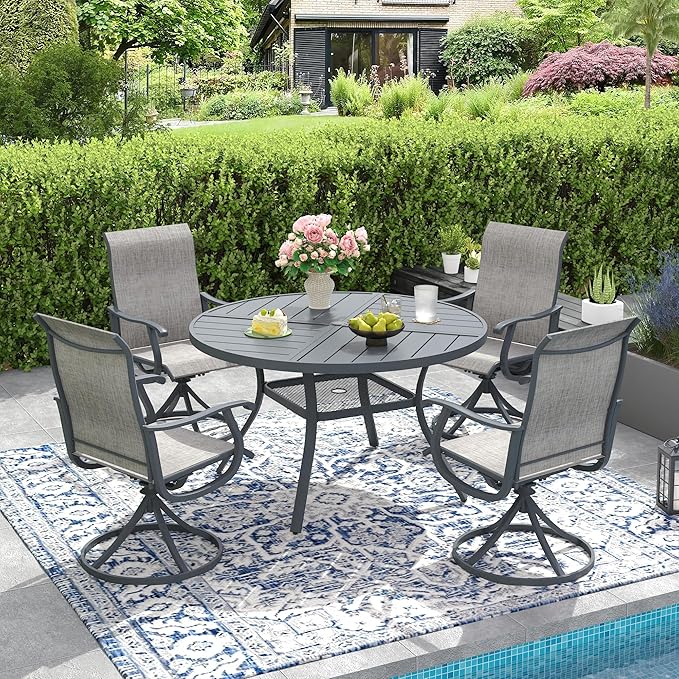 DIFY 5 Pieces Outdoor Patio Dining Set, 4 Grey Textilene Swivel Dining Chairs and 40.6" Grey Round Metal Dining Table, Outdoor Table and Chairs
