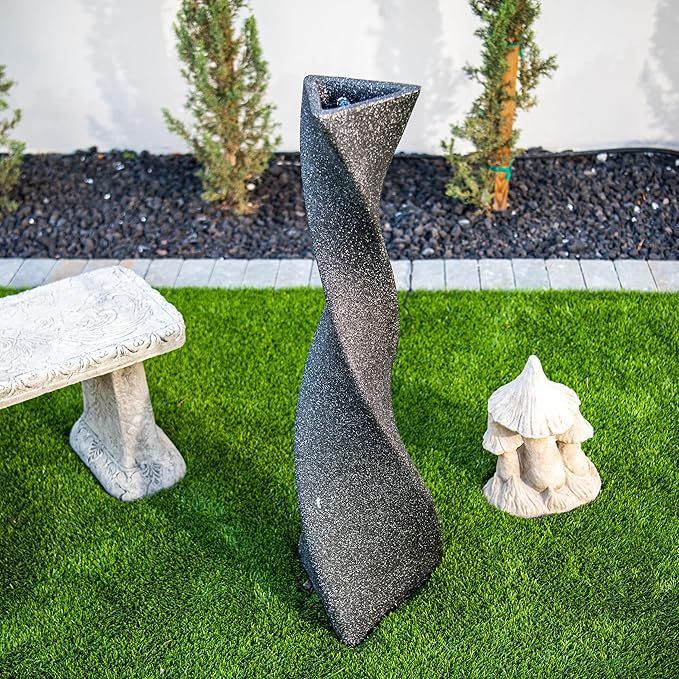 XBrand 39 in. H Freestanding Resin Fiberglass Sculptural Modern Twisted Pilar Outdoor Garden Fountain w/LED Light