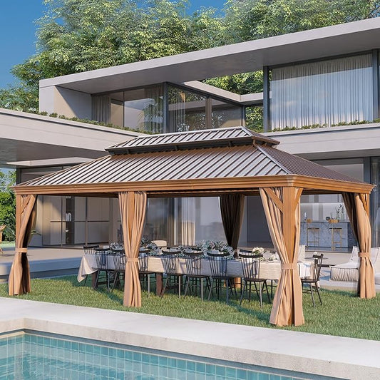 12'x20' Hardtop Gazebo, Outdoor Aluminum Patio Gazebo Double Roof Galvanized Steel Wooden Finish Coated Canopy with Netting and Curtains for Garden, Patio, Backyard, Deck and Lawns.