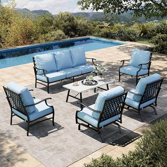 HERA'S HOUSE 6 Piece Patio Furniture Set, 2 x Rocking Chair, 2 x Fixed Chair, 1 x 3-Seat Sofa with Marbling Coffee Table, All Weather Outdoor Conversation Set for Lawn Garden Backyard, Blue