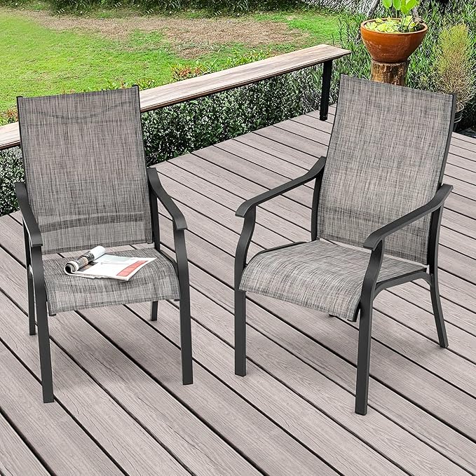 NUU GARDEN Outdoor Dining Chair Set of 2, Breathable Textilene Fabric and Aluminum Frame with Backrest and Armrests, Quick-Dry and Rust-Resistant, Patio Chairs for Lawn, Garden, Grayish Brown
