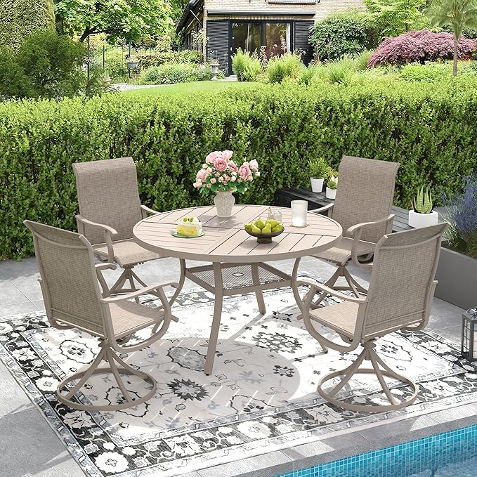 DIFY 5 Pieces Outdoor Patio Dining Set, 4 Sandshell Textilene Swivel Dining Chairs and 40.6" Sandshell Round Metal Dining Table, Outdoor Table and Chairs
