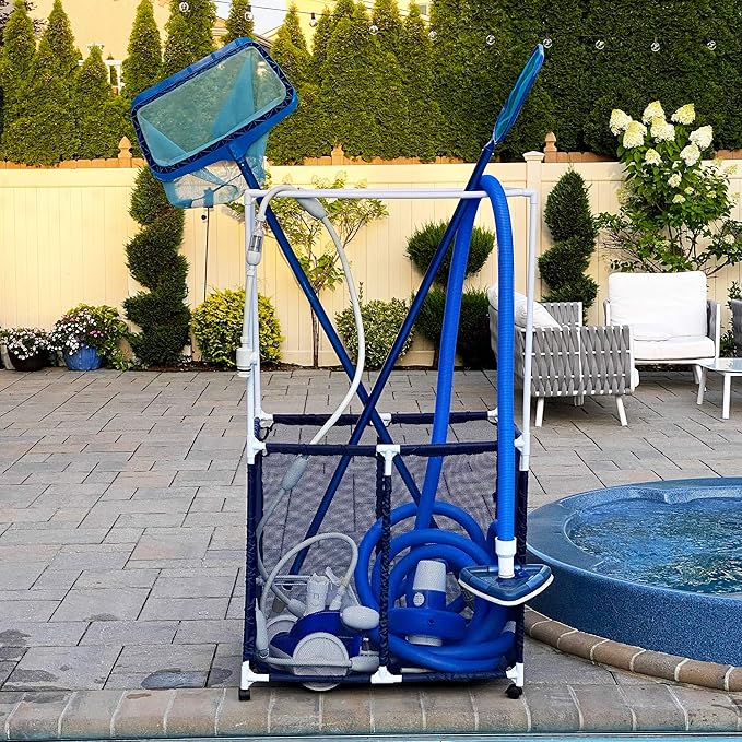 Essentially Yours Pool Equipment Holder with Towel Drying Bars, Mesh Rolling Pool Storage Organizer Bin, Extra Large with Towel Hanger, (34.5" W x 25" L x 62.6" H), Blue/White Style 418566
