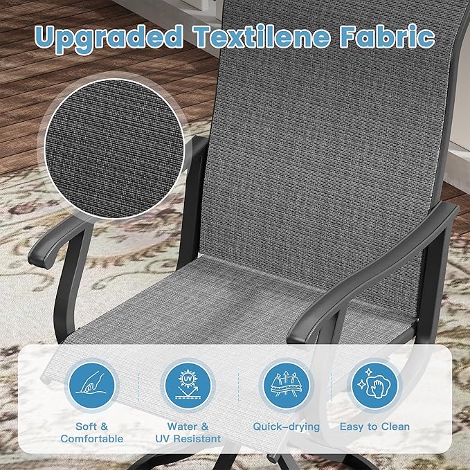 DIFY 7 Pieces Outdoor Patio Dining Set, 6 Dark Grey Textilene Swivel Dining Chairs and 47.2" Black Round Dining Table, Metal Outdoor Table and Chairs