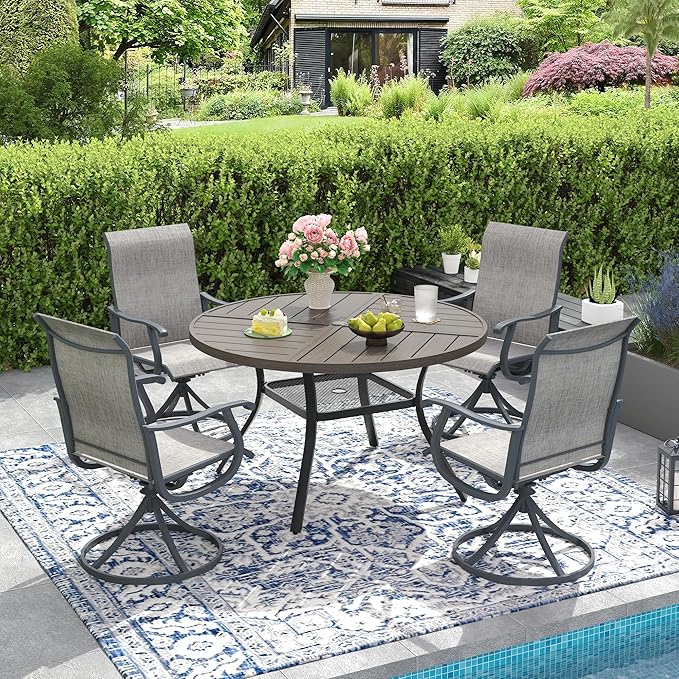 DIFY 5 Pieces Outdoor Patio Dining Set, 4 Grey Textilene Swivel Dining Chairs and 40.6" Grey Wood-Like Round Metal Dining Table, Outdoor Table and Chairs