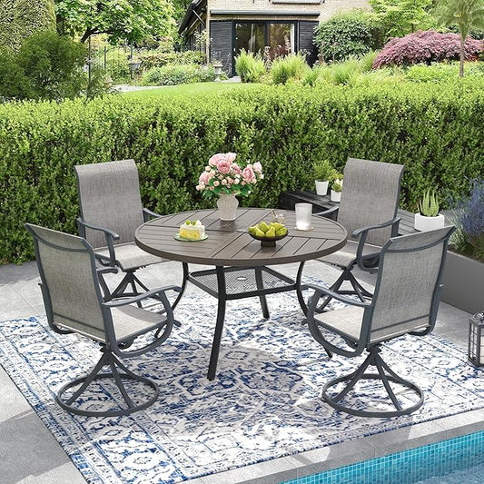 DIFY 5 Pieces Outdoor Patio Dining Set, 4 Grey Textilene Swivel Dining Chairs and 40.6" Grey Wood-Like Round Metal Dining Table, Outdoor Table and Chairs