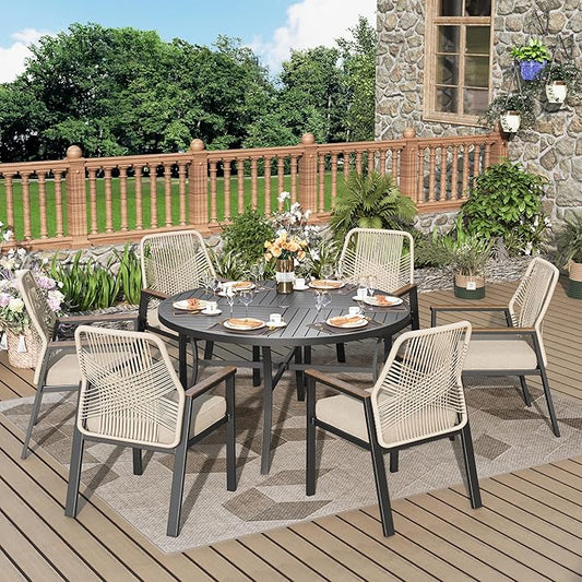 7 Pieces Round Outdoor Dining Set for 6, Patio Dining Set Wicker Rattan Chairs with Soft Cushion and 54" Round Table with Umbrella Hole, Round Patio Table and Chairs for Backyard Porch