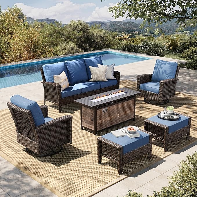HERA'S HOUSE Wicker Patio Furniture Set, High Back Swivel Chairs with 5.5-Inch Thick Cushions, 6-Piece Outdoor Deep Seating Conversation Sets with Fire Pit Table & Ottomans for Deck Yard Garden, Blue