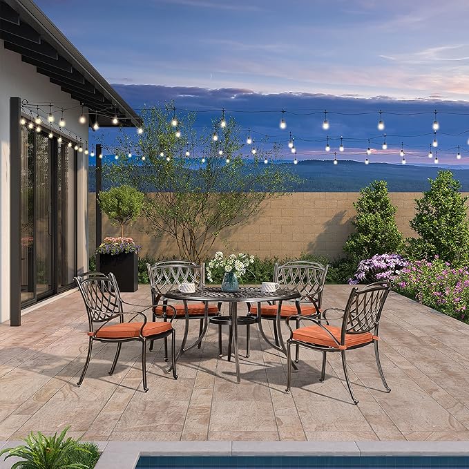 PURPLE LEAF Patio Dining Set Cast Aluminum 5-Piece Patio Furniture Set with 4 Dining Armchairs and 47" Round Table, 4 Cushions Included, for Lawn Yard Garden, Rhombic Brick Red Outdoor Dining Set