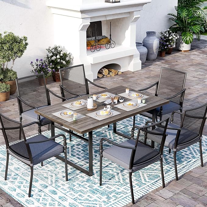 Patio Table and Chairs Set of 6, All-Weather Breathable Metal Mesh Patio Chair with Gourd-Shaped Armrests, 64x38 Wood-Like Table with Umbrella Hole, 7 Pcs Metal Frame Patio Dining Set