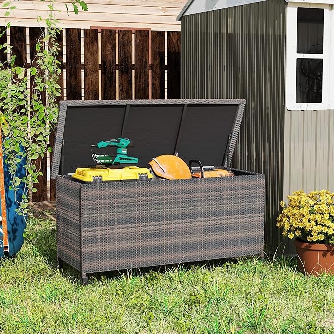 RELAX4LIFE 85-Gallon Deck Box with Wheels - Wicker Rattan Storage Bin Container w/Waterproof Liner & Gas Strut for Patio Cushions, Garden Tools, Pool Supplies, Indoor Outdoor Storage Box (Brown)
