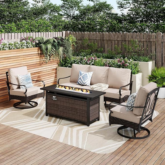 Patio Furniture Set with 56" Fire Pit Table, Premium Outdoor Wicker Metal Frame Furniture with Upgraded Waterproof Thick Cushions for Porch, Poolside, Deck, and Yard（4 Pieces,Beige