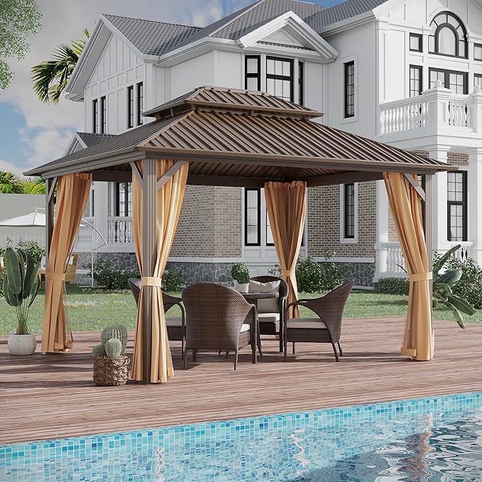 10'x12' Hardtop Gazebo Outdoor Aluminum Patio Gazebo Double Roof Galvanized Steel Canopy with Netting and Curtains for Garden, Backyard,Deck and Lawns