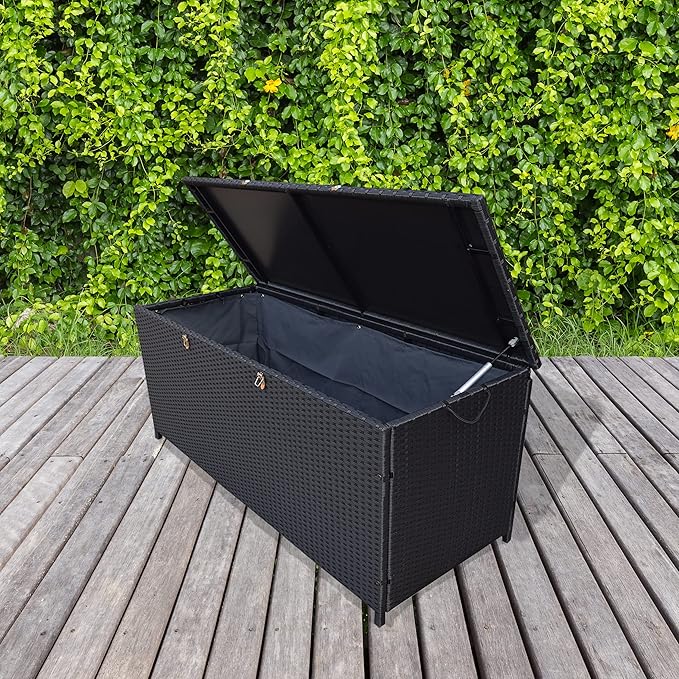 Oakland Living Dark Black Indoor and Outdoor Balcony Patio Deck Porch Pool 113 Gallon Wicker Storage Box Trunk Bin with Metal Frame
