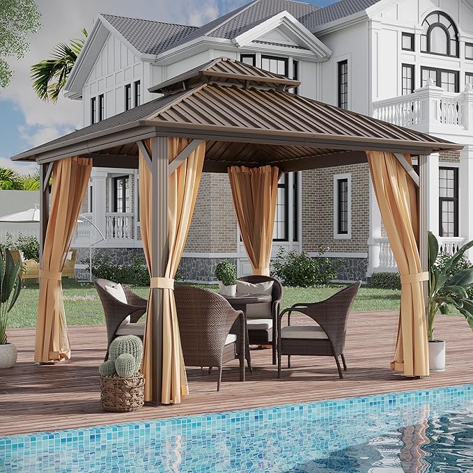 10'x10' Hardtop Gazebo Outdoor Aluminum Patio Gazebo Double Roof Galvanized Steel Canopy with Netting and Curtains,for Garden, Backyard,Deck and Lawns