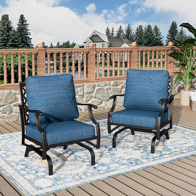 Patio Chairs Set of 2, High Back Outdoor Patio Metal Chairs with 5.75" Thick Cushions for Bistro Balcony Porch Deck and Yard, Peacock Blue