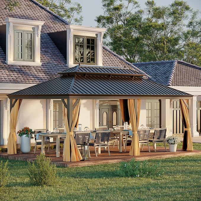 12'x20' Hardtop Gazebo Outdoor Aluminum Patio Gazebo Double Roof Galvanized Steel Canopy with Netting and Curtains for Garden, Backyard,Deck and Lawns