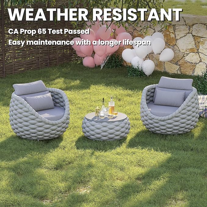 Patio Accent Chairs: Aluminum Porch Lounge Chair with Arms - Woven Rope Cushioned Armchair - Modern One Seater Chair - Outdoor Deck Furniture for 400lbs Balcony Lanai Poolside Garden Hotel, Gray