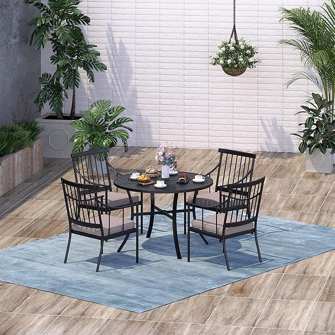 Sophia & William 5 Pieces Patio Dining Set with 4 Metal Armchairs and Round Dining Table, Outdoor Conversation Armchairs Furniture with Seat Cushions and 1.57" Umbrella Hole for Porch Backyard Balcony