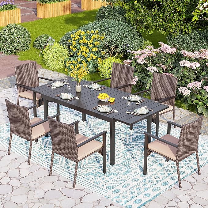 PHI VILLA 7 Piece Outdoor Dining Set for 6, Expandable Metal Dining Table & 6 Cushioned Rattan Chairs for Patio, Deck, Yard