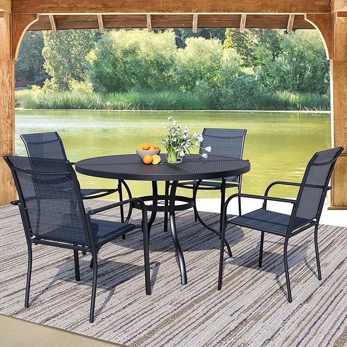 5 Pieces Round Dining Table Set for 4, Patio Dining Set Includes 4 Dark Blue Stackable Patio Chairs and 1 Black Mesh Round Table, Patio Furniture Sets with Sling Support for Outside, Garden