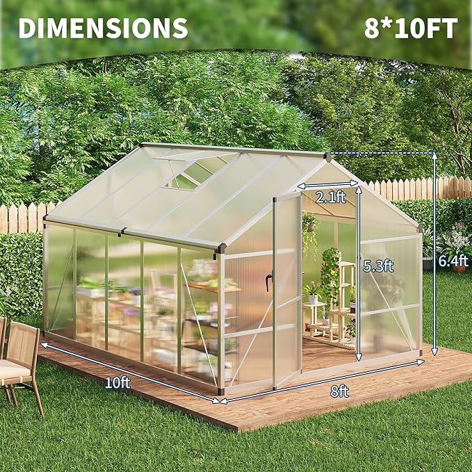 8x10 FT Greenhouse for Outdoors, Polycarbonate Flower Greenhouse with Roof Vent, Push-Pull Lockable Door, Aluminum Walk-in Greenhouses for Outside Garden Backyard, Patio, Lawn, Silver