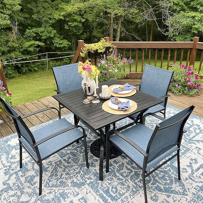 5 Pieces Patio Table and Chairs Set, 4 Person Outdoor Dining Furniture Set, 4 Blue Textilene Chairs and 37" Square Metal Table with Umbrella Hole, for Deck Backyard Lawn