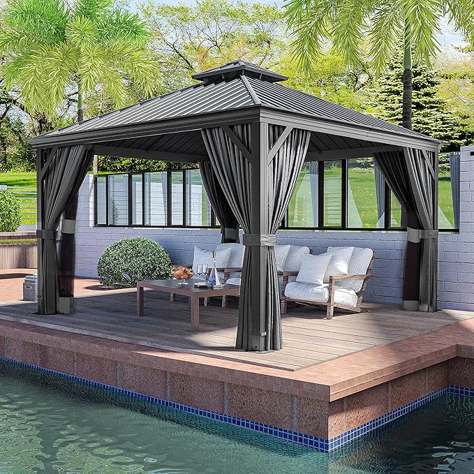 HAPPATIO 12' x 12' Hardtop Aluminum Gazebo with Galvanized Steel, Double Roof Permanent Patio Metal Canopy with Netting and Curtains for Garden, Lawns, Parties (Grey)