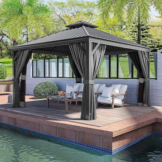 HAPPATIO 12' x 12' Hardtop Aluminum Gazebo with Galvanized Steel, Double Roof Permanent Patio Metal Canopy with Netting and Curtains for Garden, Lawns, Parties (Grey)