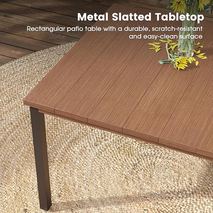 DIFY 7 Pieces Outdoor Patio Dining Set, 6 Brown Textilene Swivel Dining Chairs and 63" Walnut Rectangle Metal Dining Table, Outdoor Table and Chairs