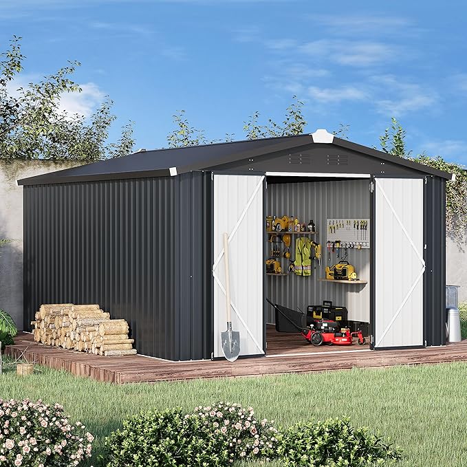 U-MAX 10x14 Outdoor Storage Shed, Large Metal Outside Garden Sheds & Outdoor Storage Clearance, Tool Shed Lockable for Backyard, Patio and Outside Use in Dark Grey