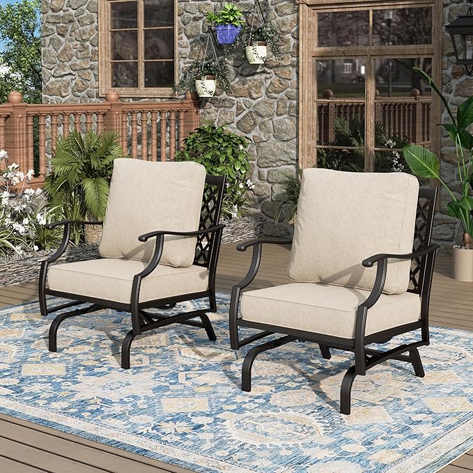 Patio Chairs Set of 2, High Back Outdoor Patio Metal Chairs with 5.75" Thick Cushions for Bistro Balcony Porch Deck and Yard, Beige