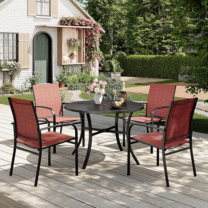 Patio Table and Chairs Set for 4, 5 Pieces Outdoor Dining Set, 4 Red Textilene Chairs and 42" Metal Round Table with Umbrella Hole, for Deck Garden Backyard Lawn Poolside