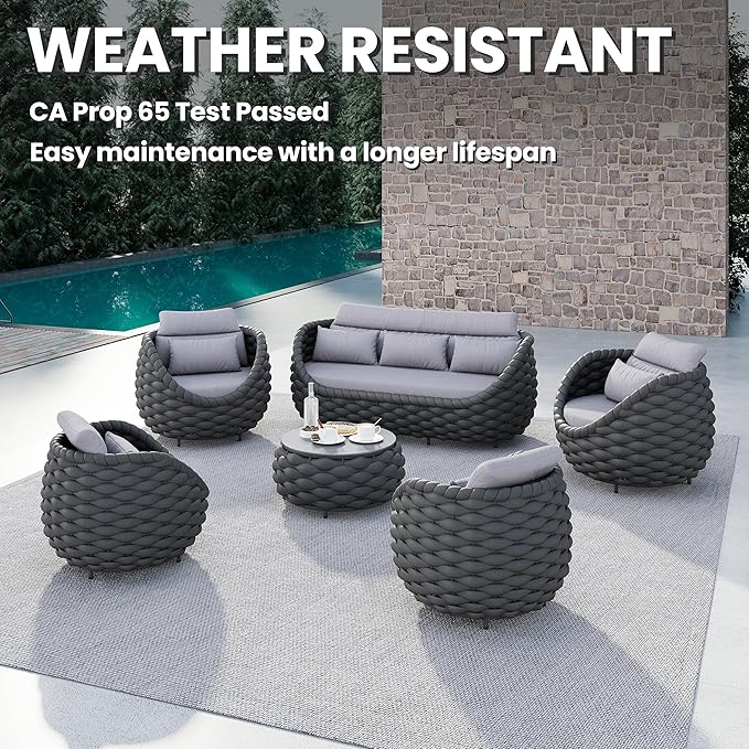 6 Pcs Woven Rope Outdoor Chair: Aluminum Patio Accent Chair with Arms - Assembled Cushioned Lounge Chair For 400lbs - Morden Porch Furniture Seating for Deck Balcony Garden Backyard Hotel Resort